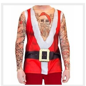 Faux Real Photo Realistic Motorcycle Gang Santa Shirt W/ Tattoo Sleeves L